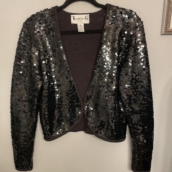 Knitting Needles Sequin Long Sleeve Jacket Black size M hook eye closure - Picture 4 of 7